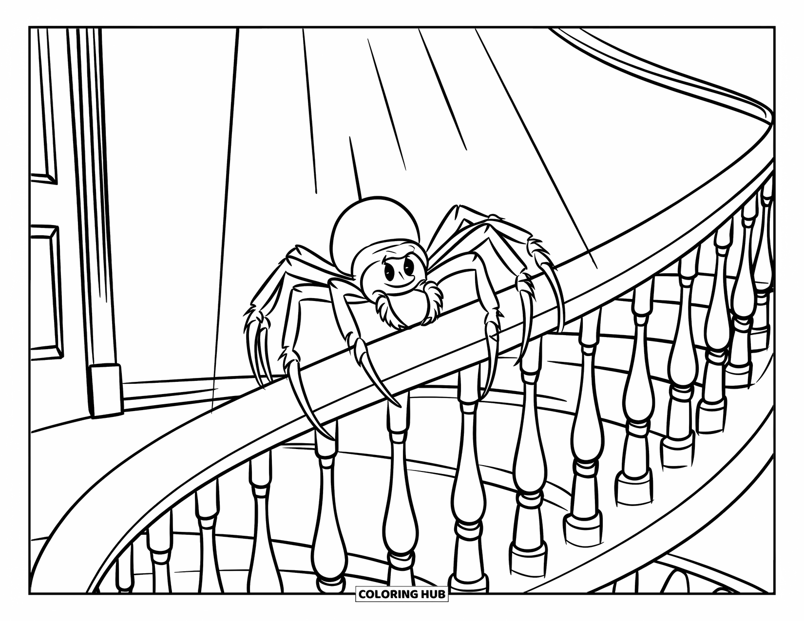 Spinnen-Ausmalbild für Kinder: Eine Spinne sitzt ruhig auf einem spiralförmigen Geländer, während das Licht ihren Schatten an die Wand wirft