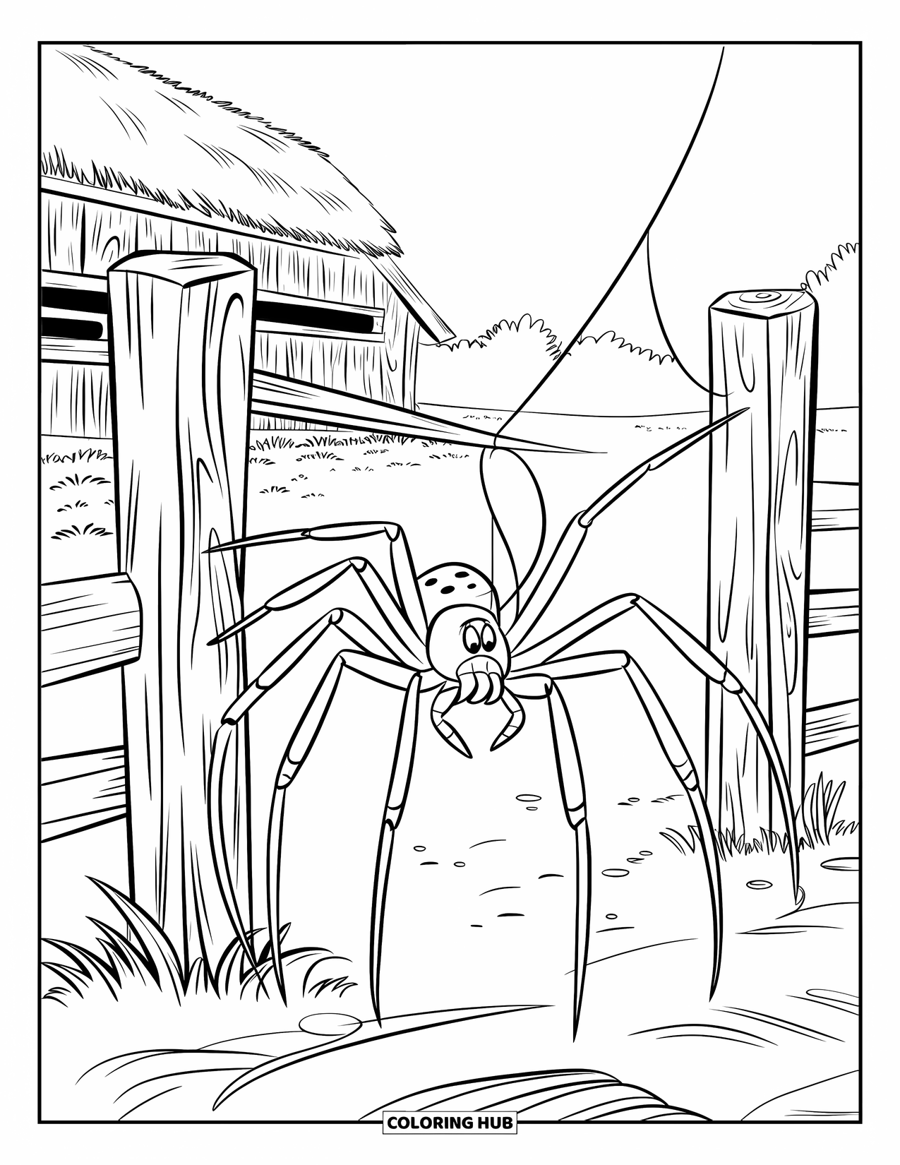 Spinnen-Ausmalbild für Kinder: Eine Spinne spinnt zwischen Holzpfosten neben einer ruhigen Scheune und offenen Bäumen