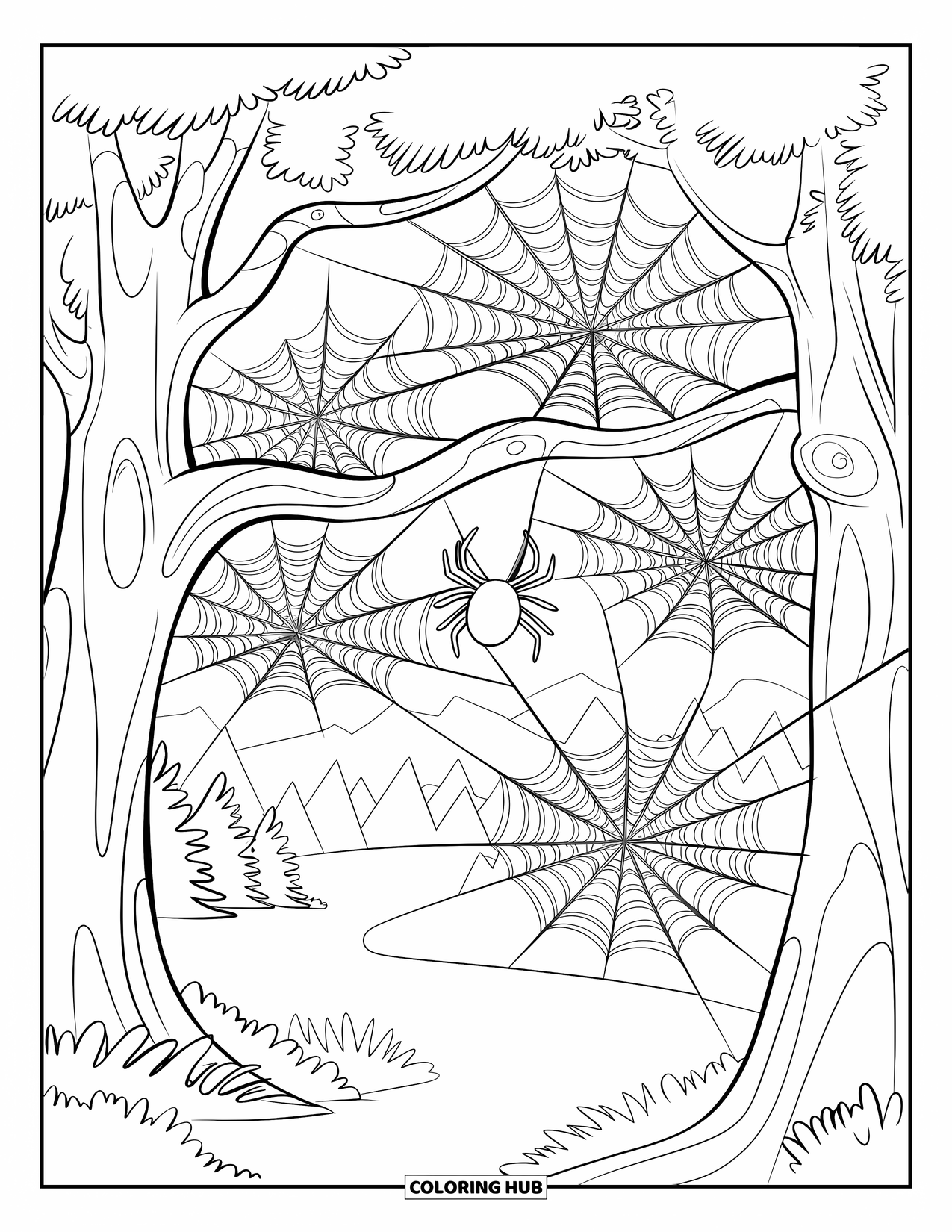 Spinnen-Ausmalbild für Kinder: Eine Spinne spinnt Seide in Waldbäumen mit verstreuten Netzen und einer Burg in Sichtweite