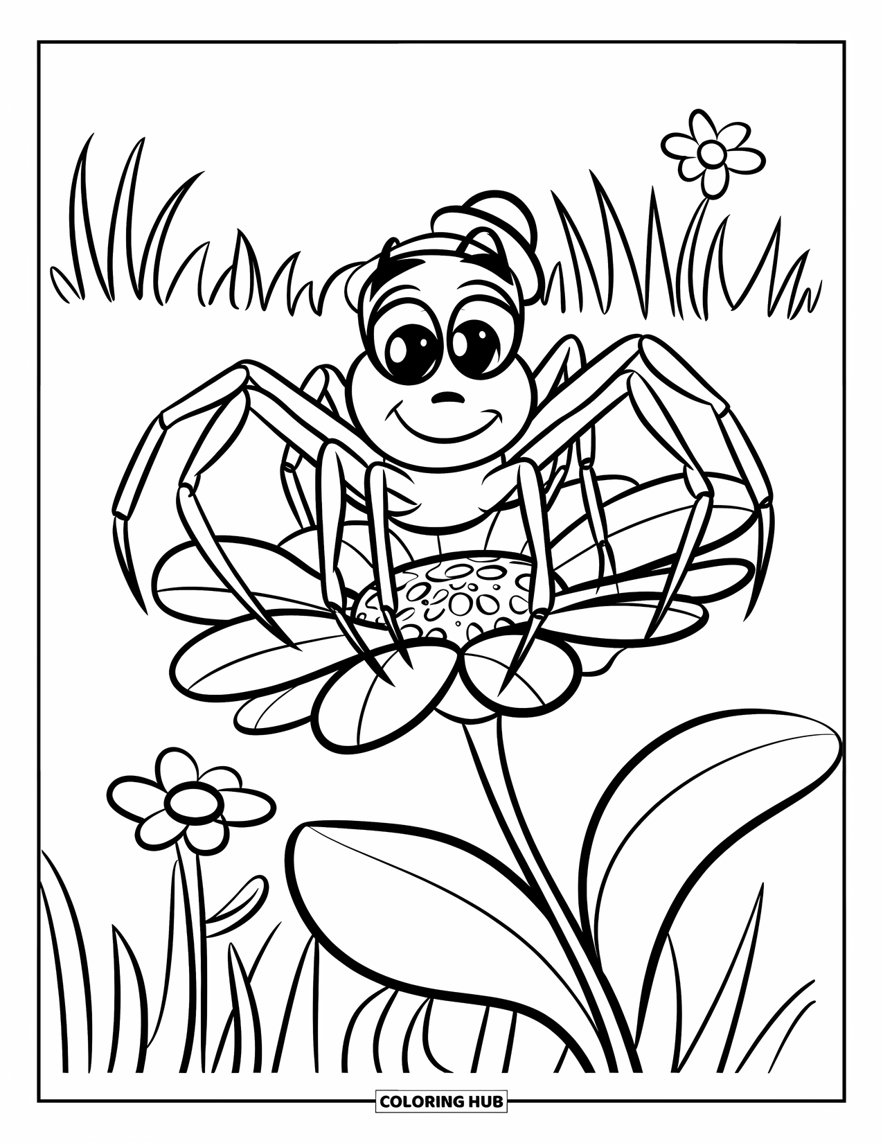 Spinnen-Ausmalbild für Kinder: Eine Spinne mit einem Hut steht auf einer Blume, die von Gras und Blüten umgeben ist