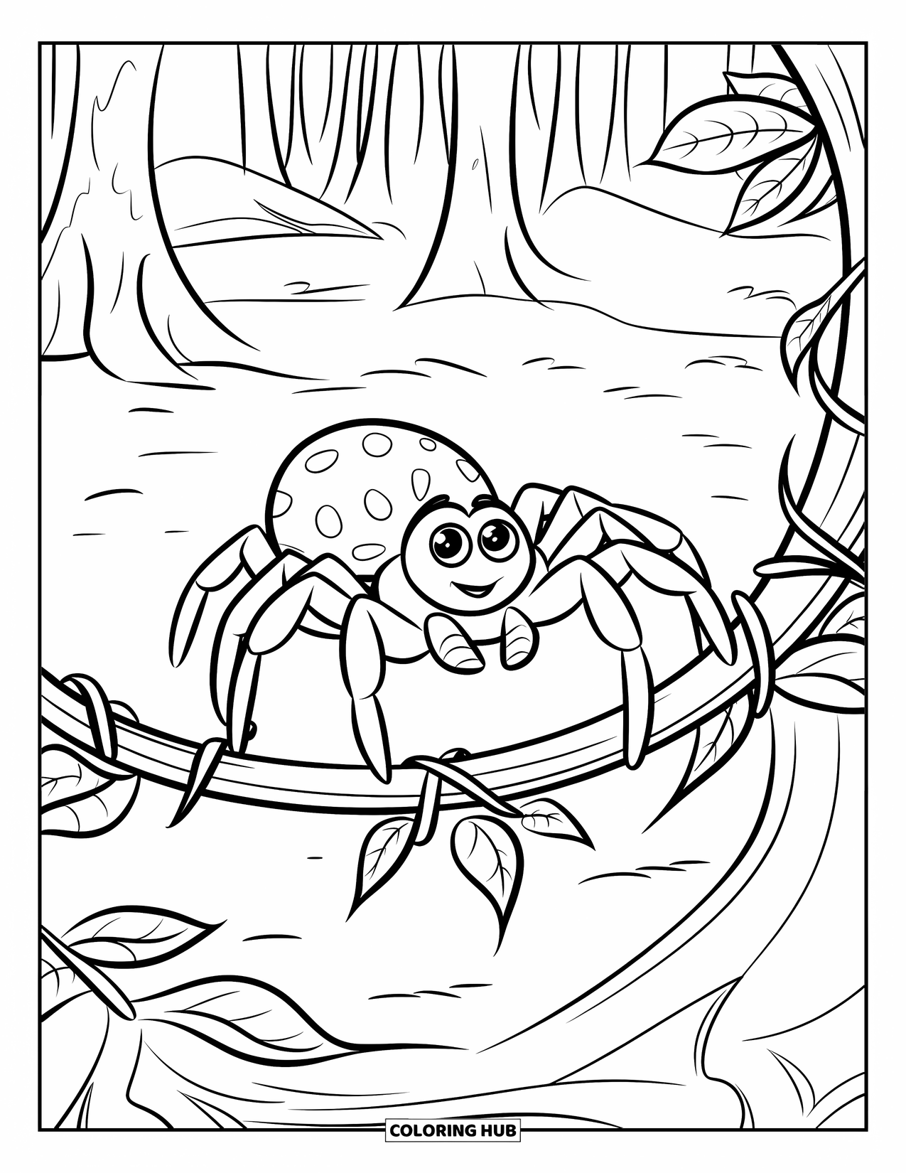 Spinnen-Ausmalbild für Kinder: Eine Spinne mit großen Augen erkundet einen mit Ranken bewachsenen Baumstumpf in einer Waldlichtung