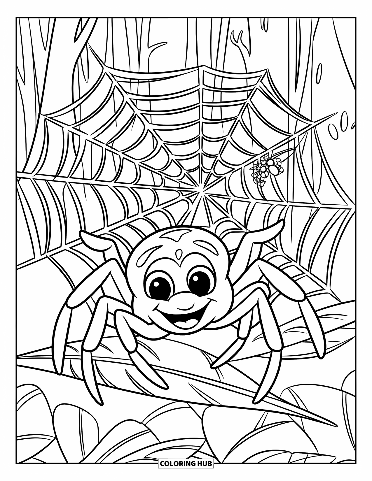 Spinnen-Ausmalbild für Kinder: Eine Spinne mit großen Augen spinnt ein zartes Netz zwischen zwei Baumästen