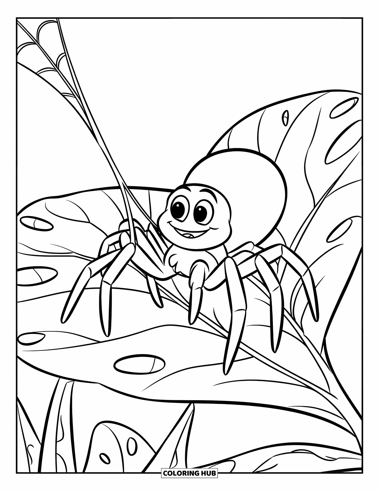 Spinnen-Ausmalbild für Kinder: Eine Spinne mit acht Beinen hält einen Faden fest, während sie auf einem großen Blatt sitzt