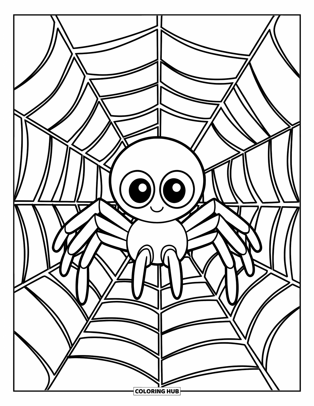 Spinnen-Ausmalbild für Kinder: Eine süße Spinne mit acht Beinen lächelt aus der Mitte eines kreisförmigen Netzes