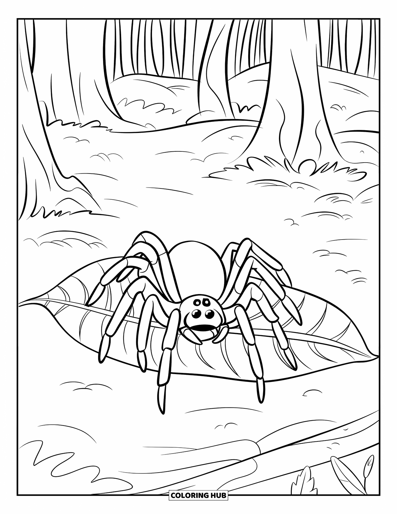 Spinnen-Ausmalbild für Kinder: Eine Vogelspinne mit langen Beinen ruht auf einem Blatt, das von hohen Bäumen umgeben ist