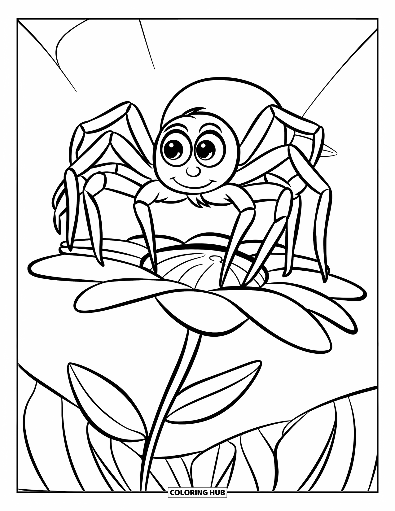 Spinnen-Ausmalbild für Kinder: Eine Spinne mit großen Augen balanciert auf einer einzelnen Blume in einem ruhigen, offenen Raum