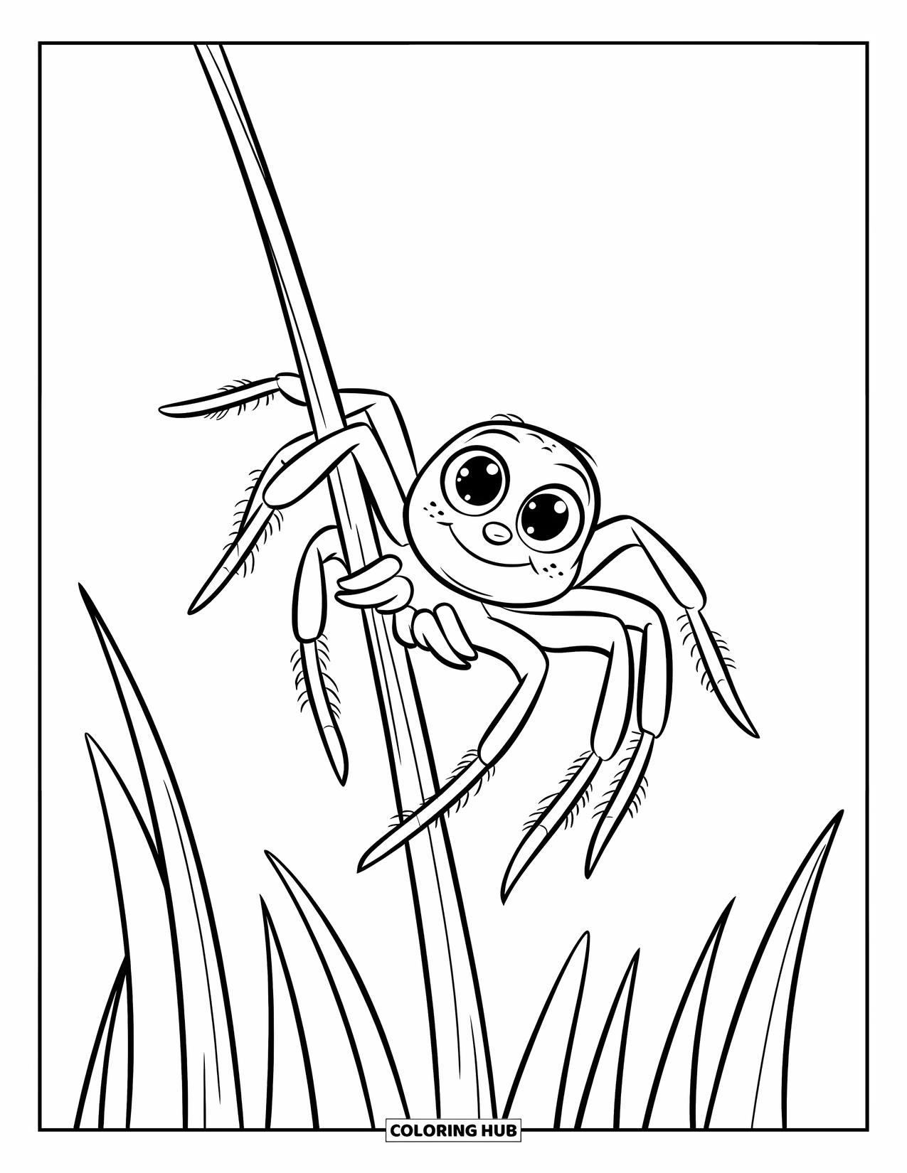 Spinnen-Ausmalbild für Kinder: Eine Spinne mit großen Augen klettert sanft an einem dünnen, sich biegenden Grashalm hoch
