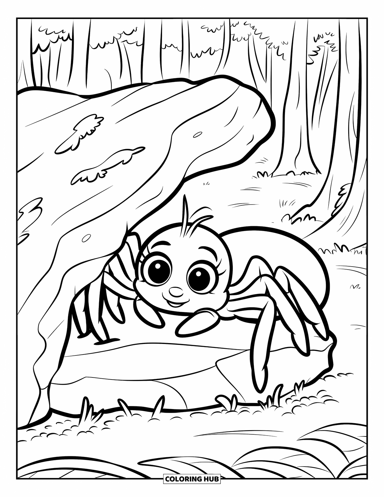 Spinnen-Ausmalbild für Kinder: Eine Spinne mit großen Augen versteckt sich hinter einem moosbedeckten Felsen in einem friedlichen Wald
