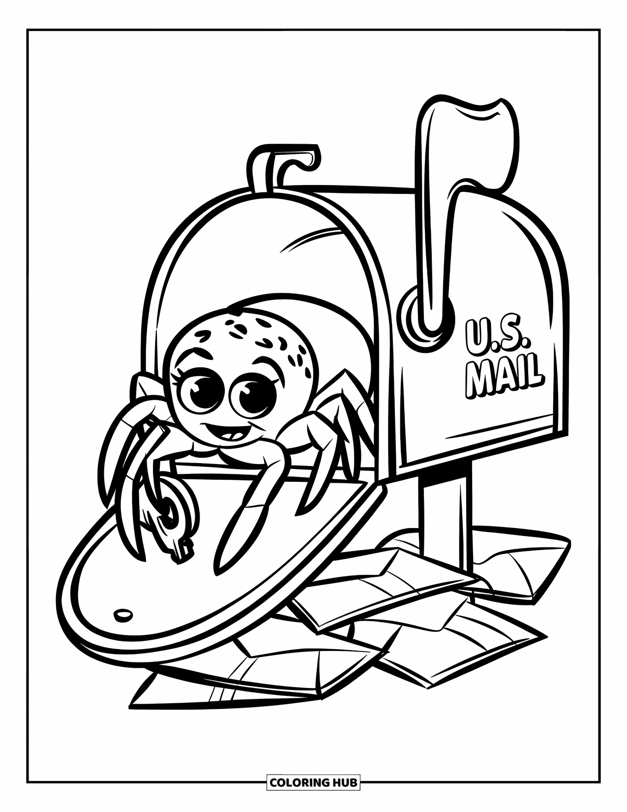 Spinnen-Ausmalbild für Kinder: Eine Spinne mit großen Augen, die einen Schlüssel hält, sitzt in einem Briefkasten mit der Aufschrift „U“