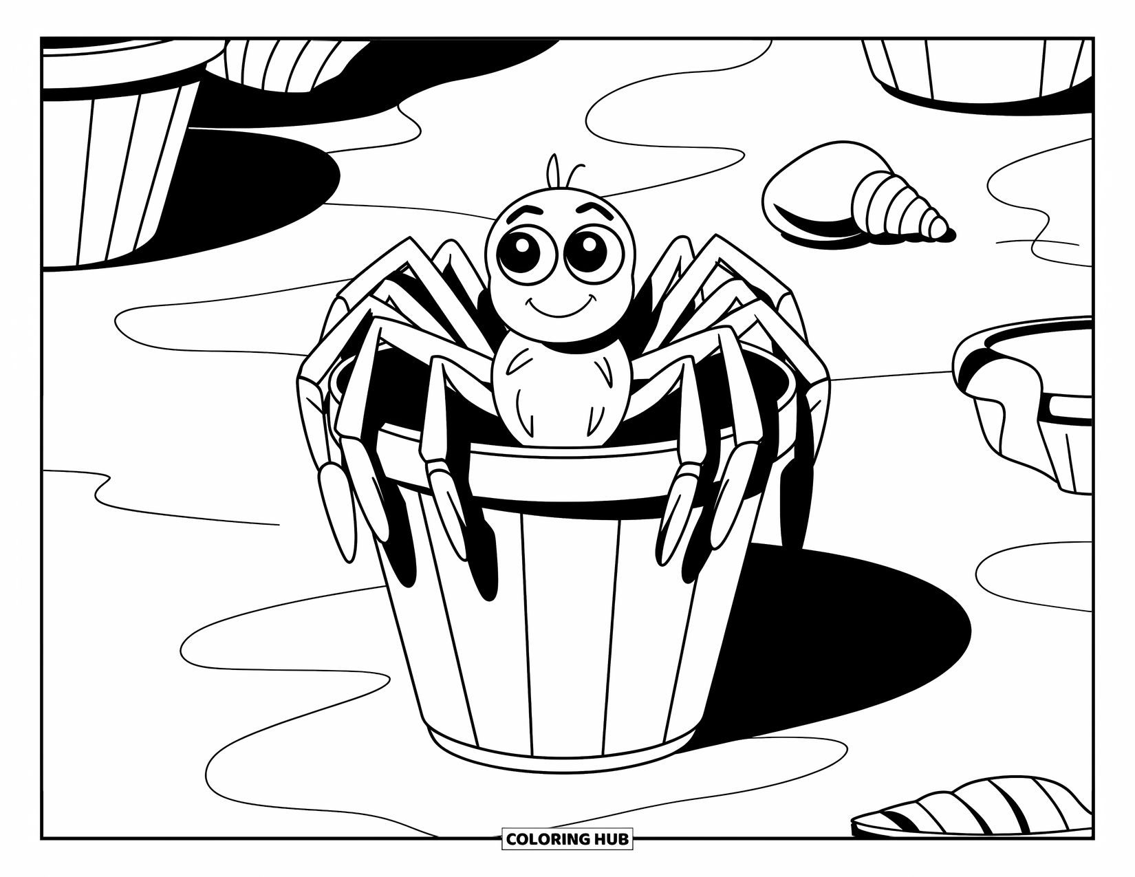 Spinnen-Ausmalbild für Kinder: Eine Spinne mit großen Augen sitzt in einem Eimer am Sand mit Spielzeug und Muscheln in der Nähe