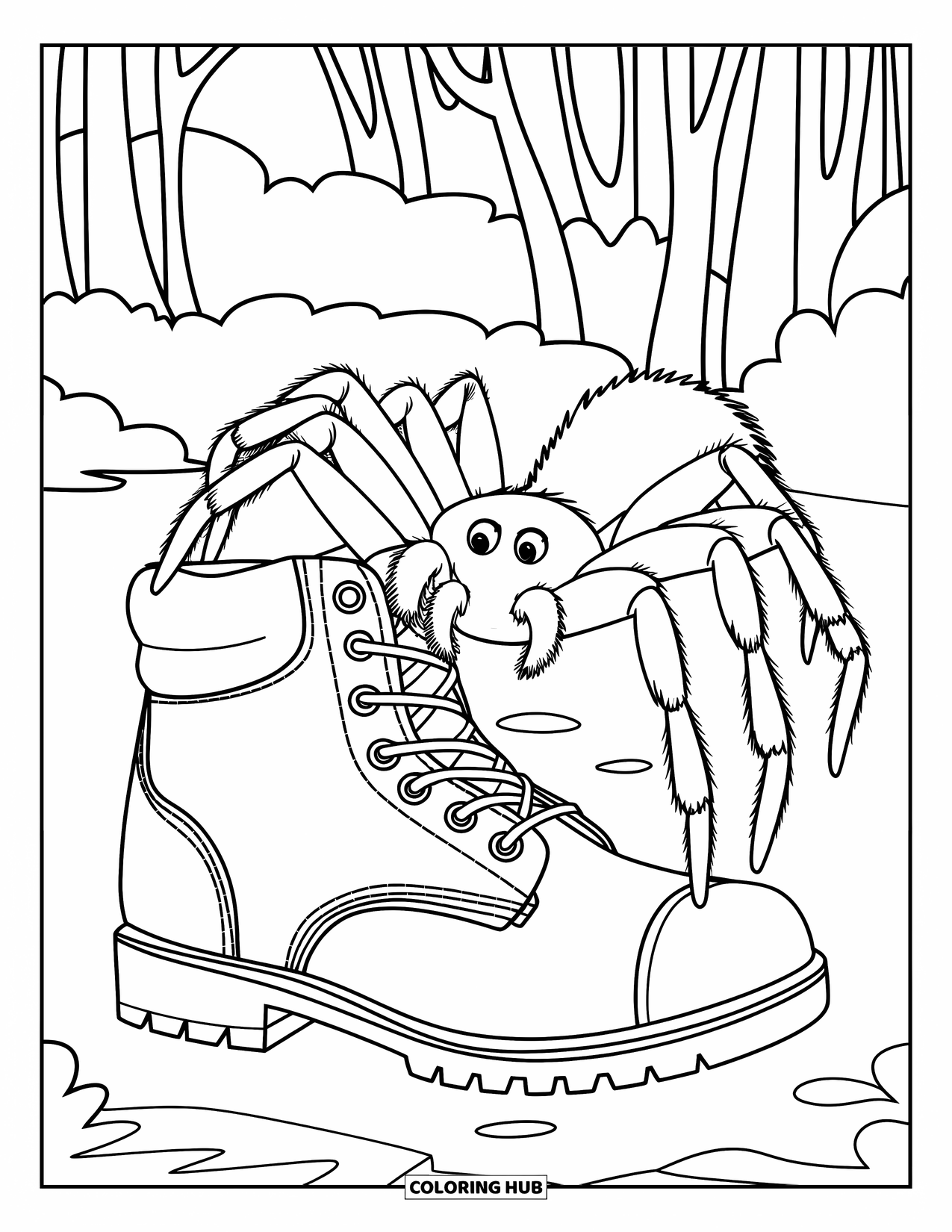 Spinnen-Ausmalbild für Kinder: Eine Wolfsspinne sitzt auf einem Wanderstiefel in einer Waldlichtung