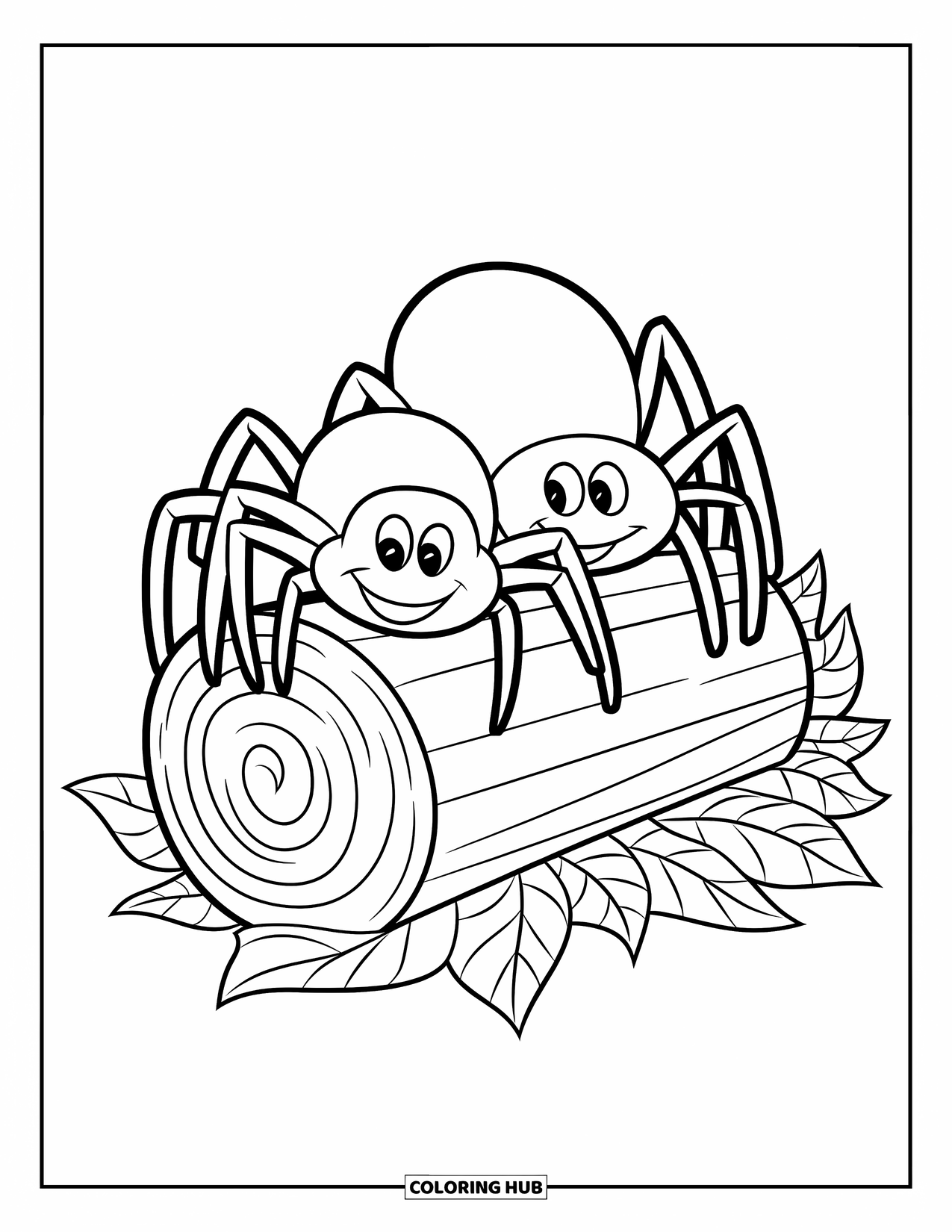 Spinnen-Ausmalbild für Kinder: Zwei fröhliche Spinnen sitzen zusammen auf einem Baumstamm, der von verstreuten Blättern umgeben ist