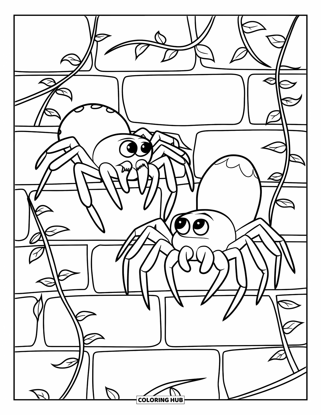 Spinnen-Ausmalbild für Kinder: Zwei neugierige Spinnen klettern an einer Ziegelmauer hoch, die mit belaubten Efeuranken bewachsen ist