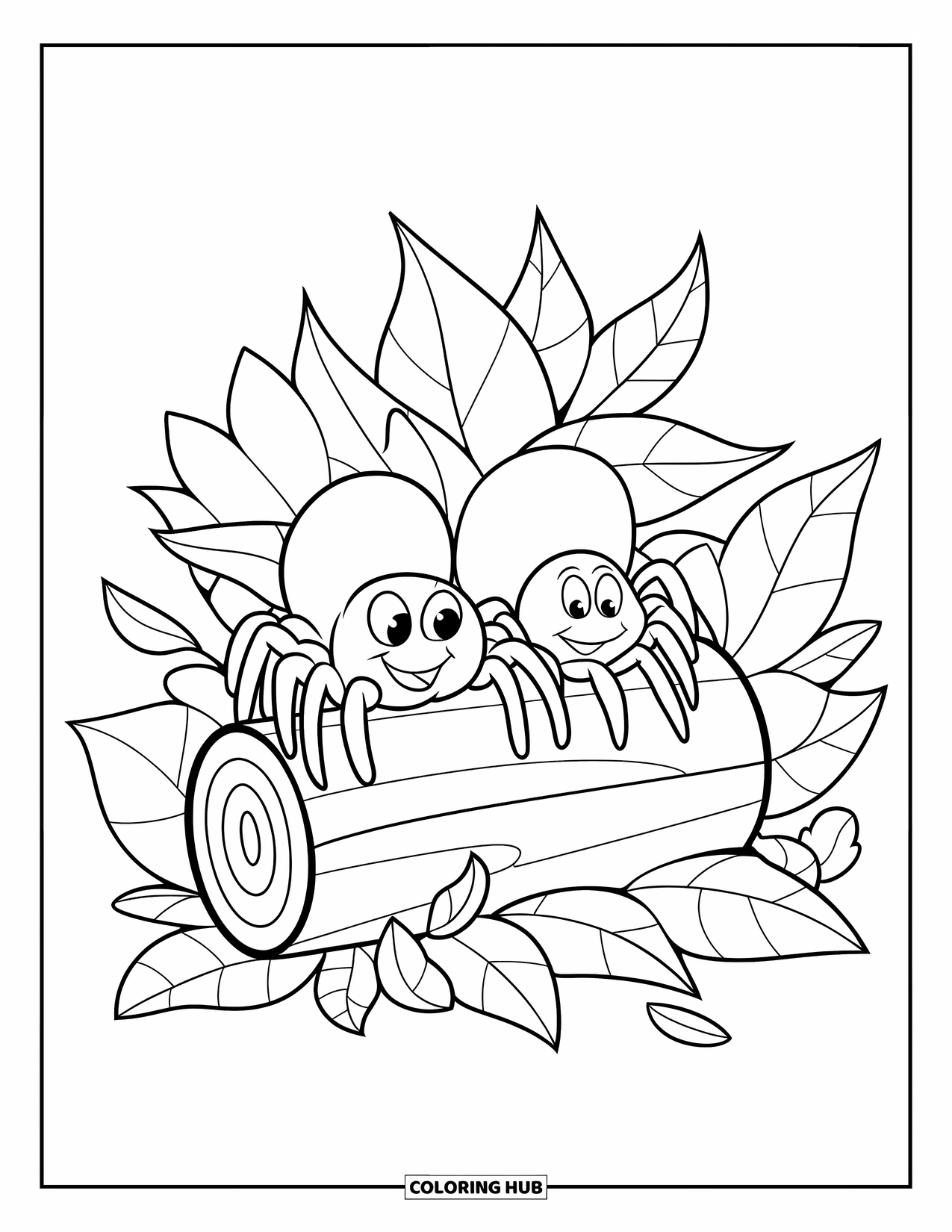 Spinnen-Ausmalbild für Kinder: Zwei glückliche Spinnen ruhen auf einem belaubten Baumstamm mit mehr Blättern um sie herum