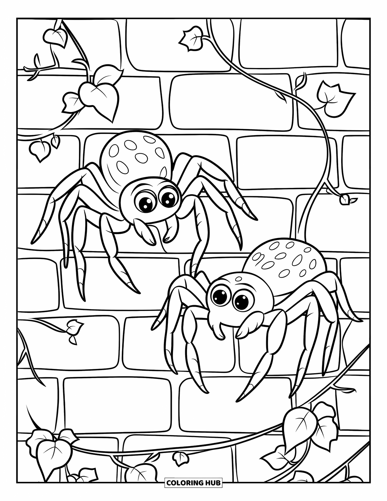 Spinnen-Ausmalbild für Kinder: Zwei Springspinnen erkunden eine mit Efeu bewachsene Ziegelmauer mit sich windenden Blättern