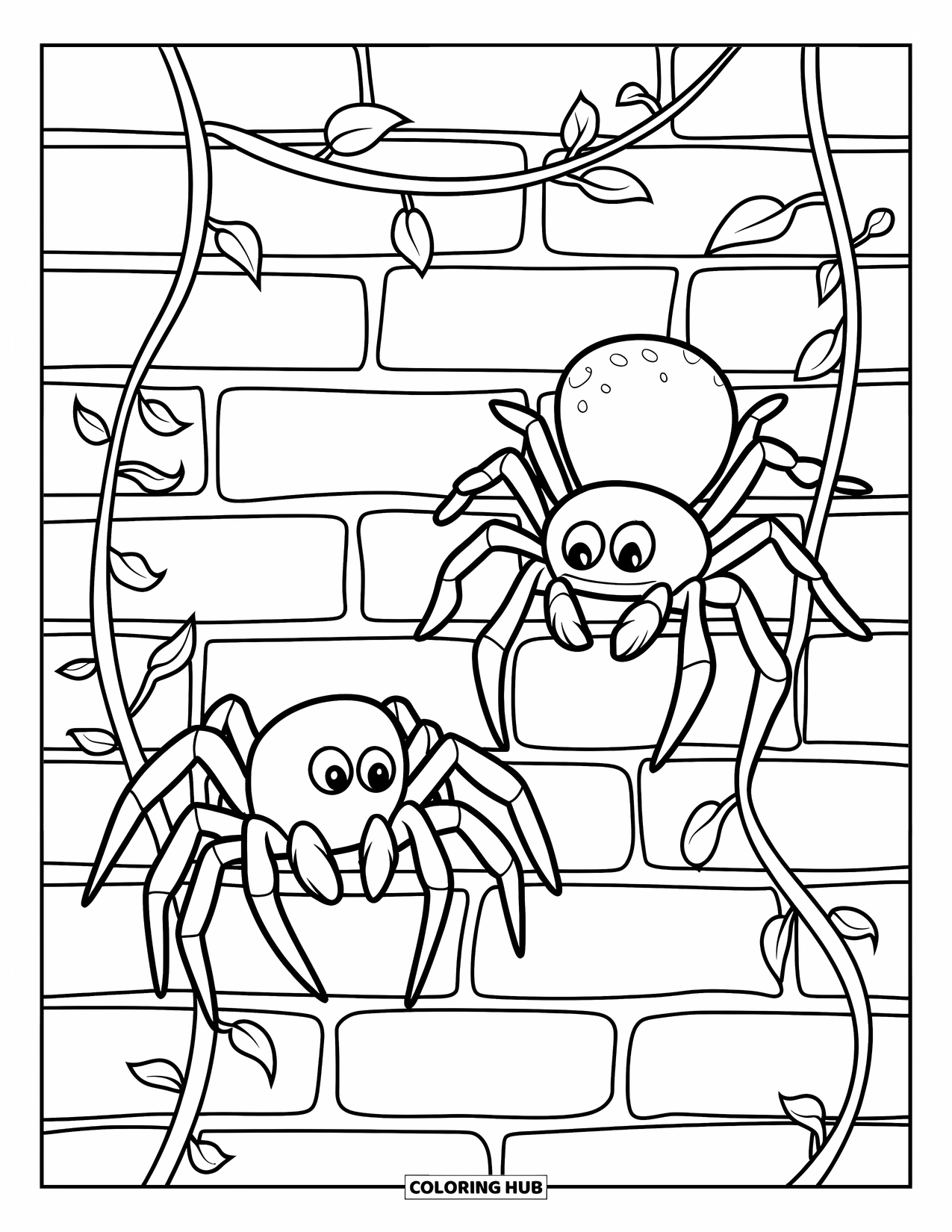 Spinnen-Ausmalbild für Kinder: Zwei Spinnen krabbeln an einer Ziegelmauer mit sich kräuselndem Efeu und belaubten Ranken entlang
