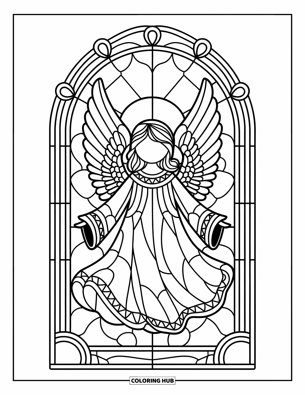 Buntglas Ausmalbild für Erwachsene: Engelsgestalt mit gefiederten Flügeln in einem Buntglasfenster