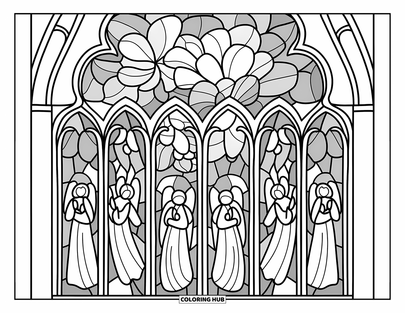 Buntglas Ausmalbild für Erwachsene: Engelsgleicher Buntglaseingang mit Bögen und von Blumen gesäumten Rahmen