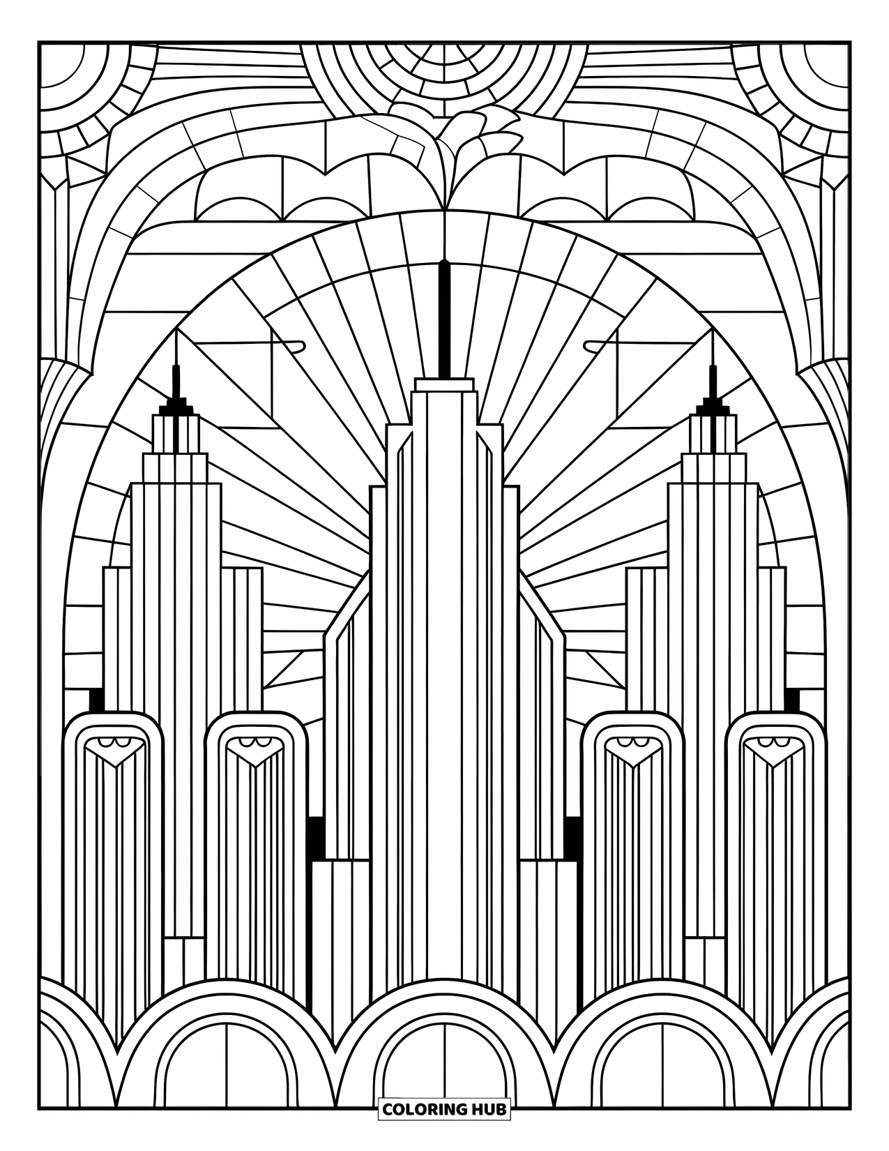 Buntglas Ausmalbild für Erwachsene: Art-Deco-Skyline der Stadt im Buntglasstil mit kräftigem Sonnenstrahlenhimmel