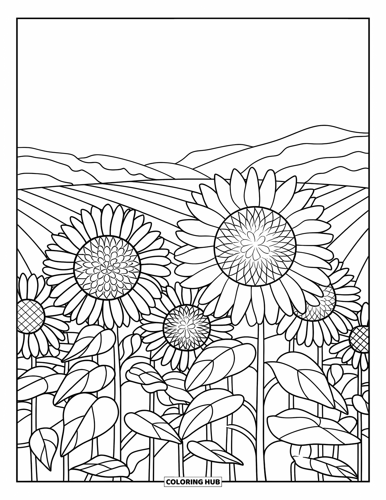 Buntglas Ausmalbild für Erwachsene: Helle Buntglas-Sonnenblumen unter einem ruhigen, offenen Himmel