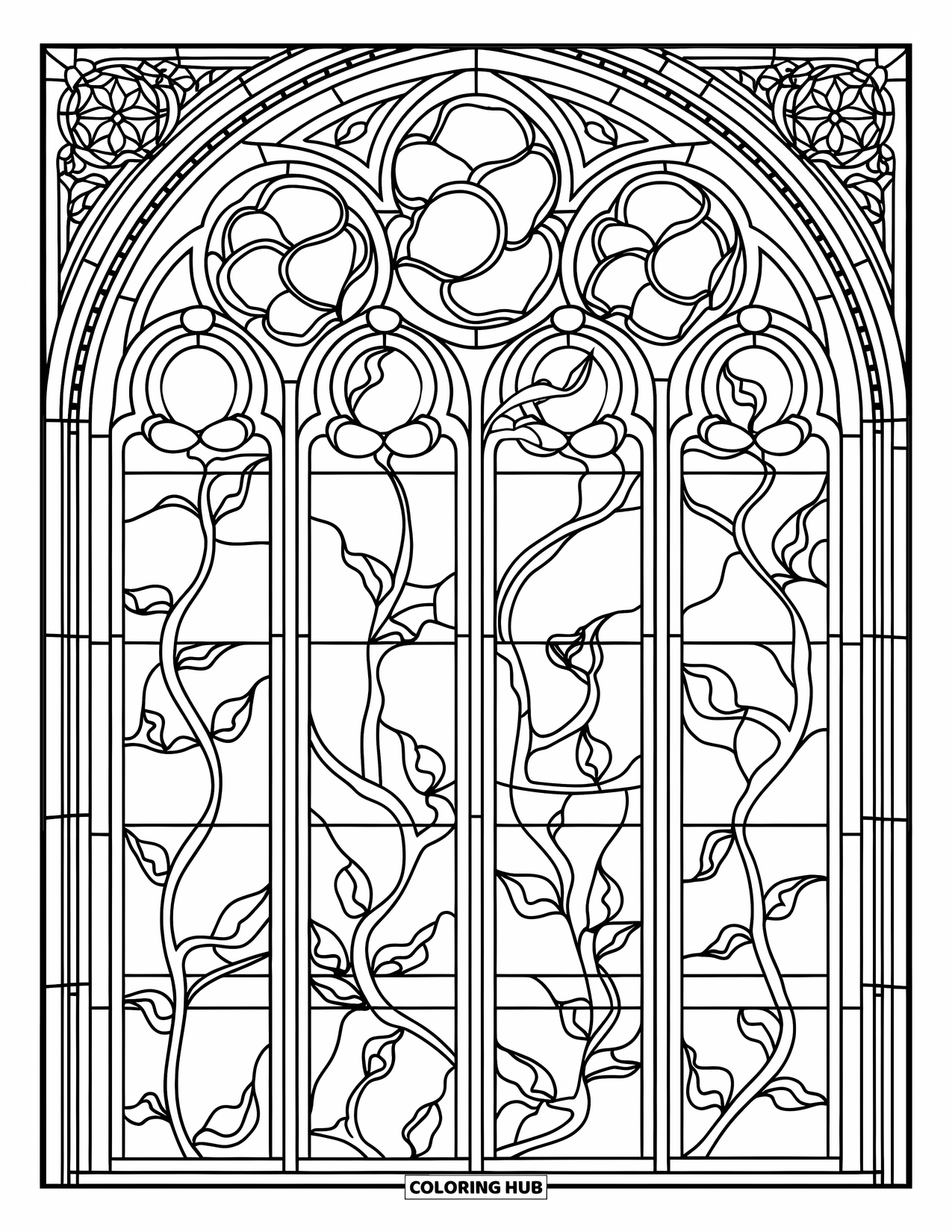 Buntglas Ausmalbild für Erwachsene: Kathedralenfenster mit Tauben und Ranken im Buntglasdesign