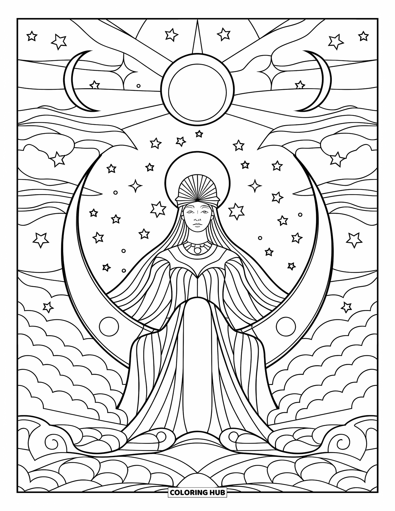 Buntglas Ausmalbild für Erwachsene: Mondsichelthron für eine Mondgöttin im Buntglasstil