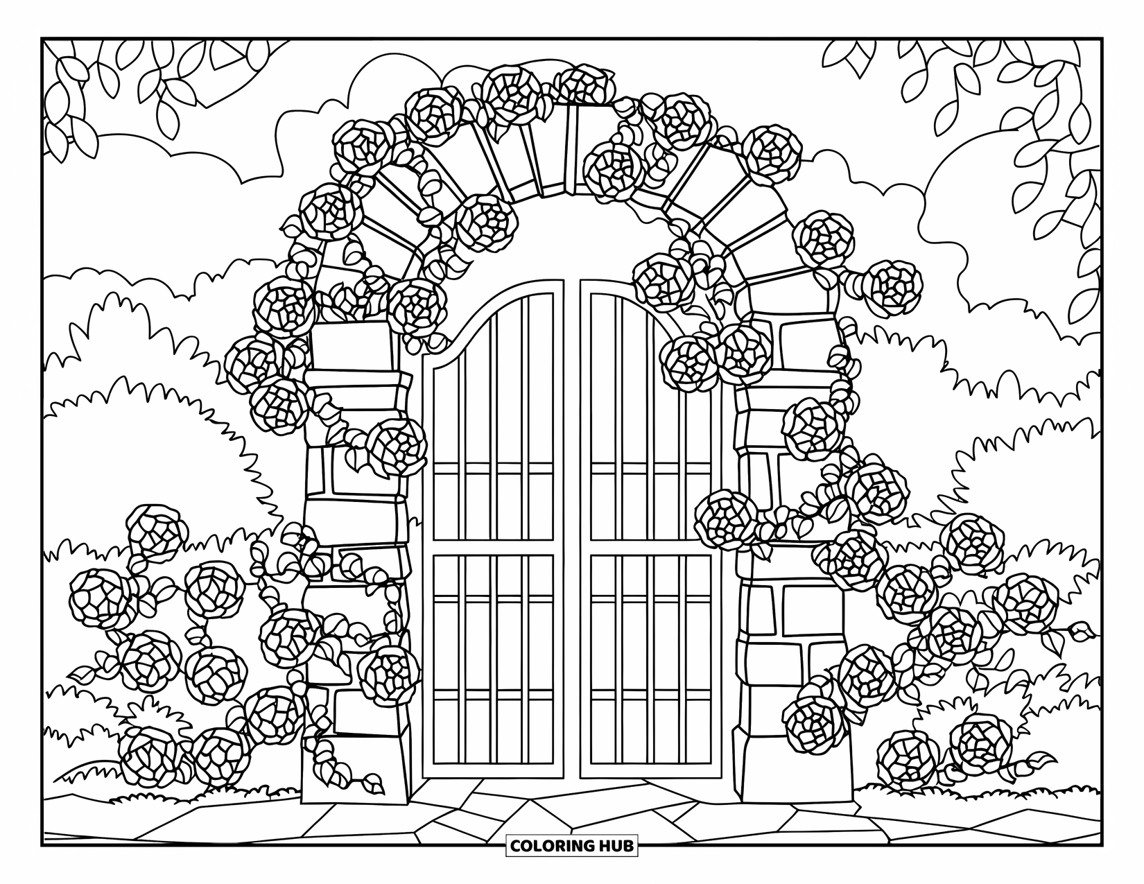 Buntglas Ausmalbild für Erwachsene: Geschwungenes Gartentor im Buntglasstil mit blühenden Rosen und Efeu