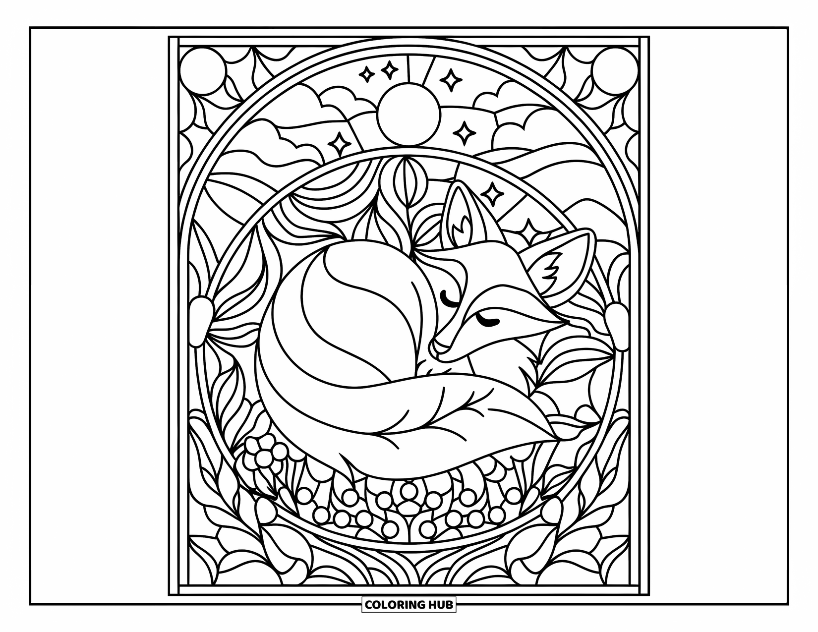 Buntglas Ausmalbild für Erwachsene: Süßer Fuchs, der sich in Buntglasblättern unter Sternen und Mond zusammenrollt