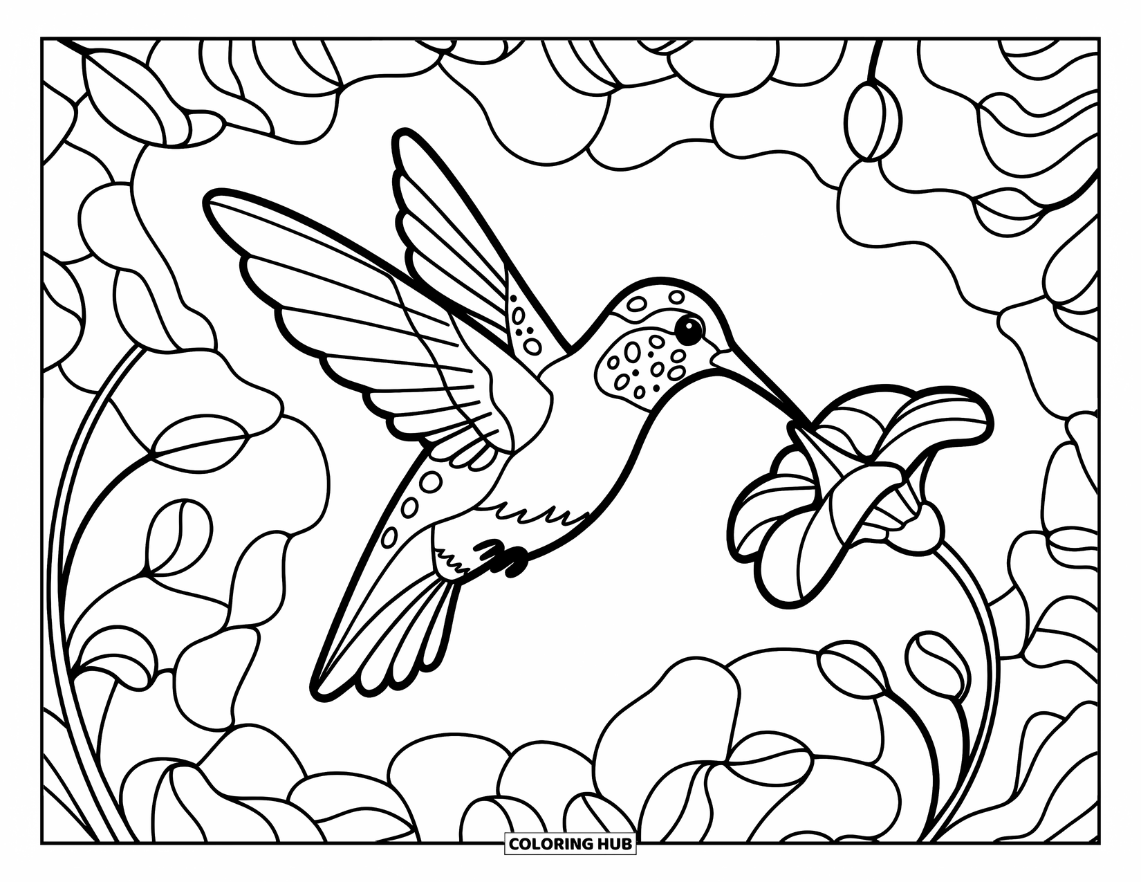 Buntglas Ausmalbild für Erwachsene: Zarter Kolibri, der Nektar in einem wirbelnden Buntglasgarten schlürft