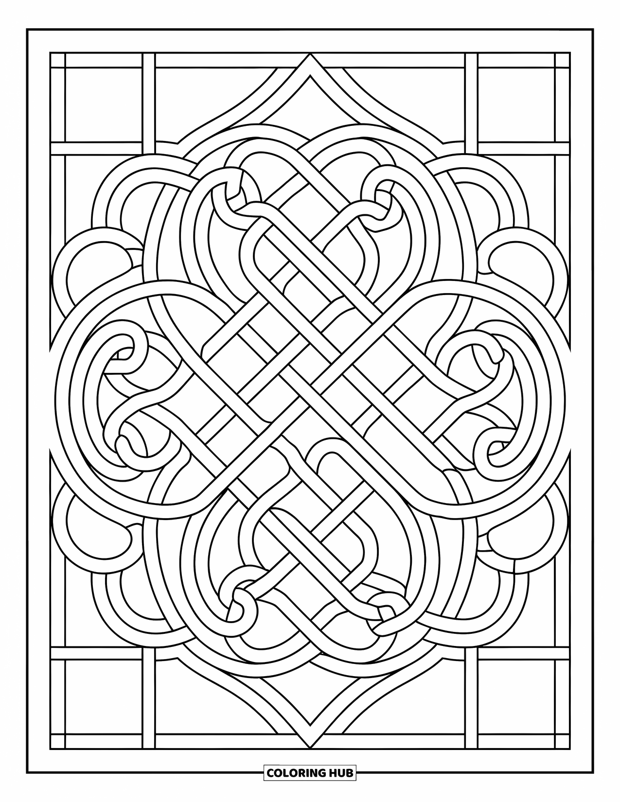 Buntglas Ausmalbild für Erwachsene: Detailliertes keltisches Knotendesign im Buntglasstil mit elegantem Fluss