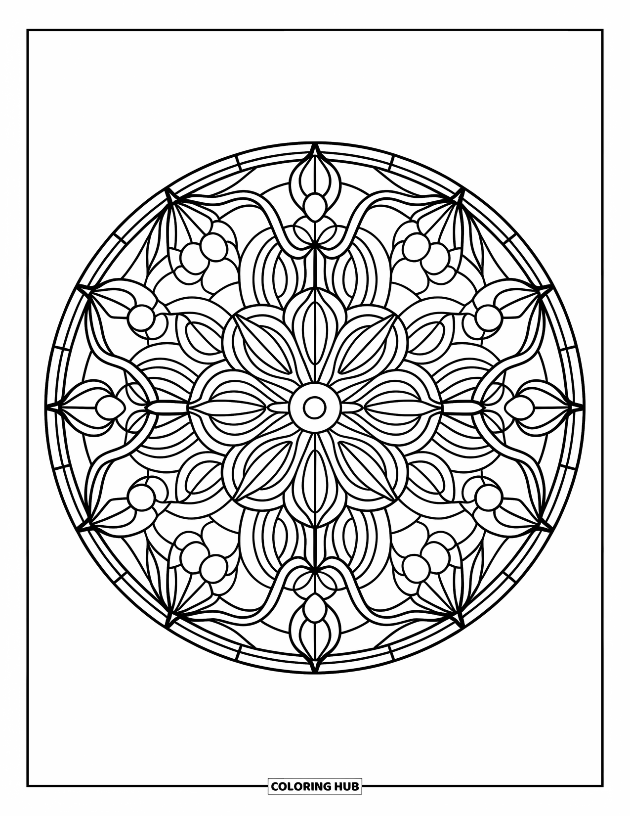 Buntglas Ausmalbild für Erwachsene: Detailliertes kreisförmiges Mandala mit floralen Buntglasmustern