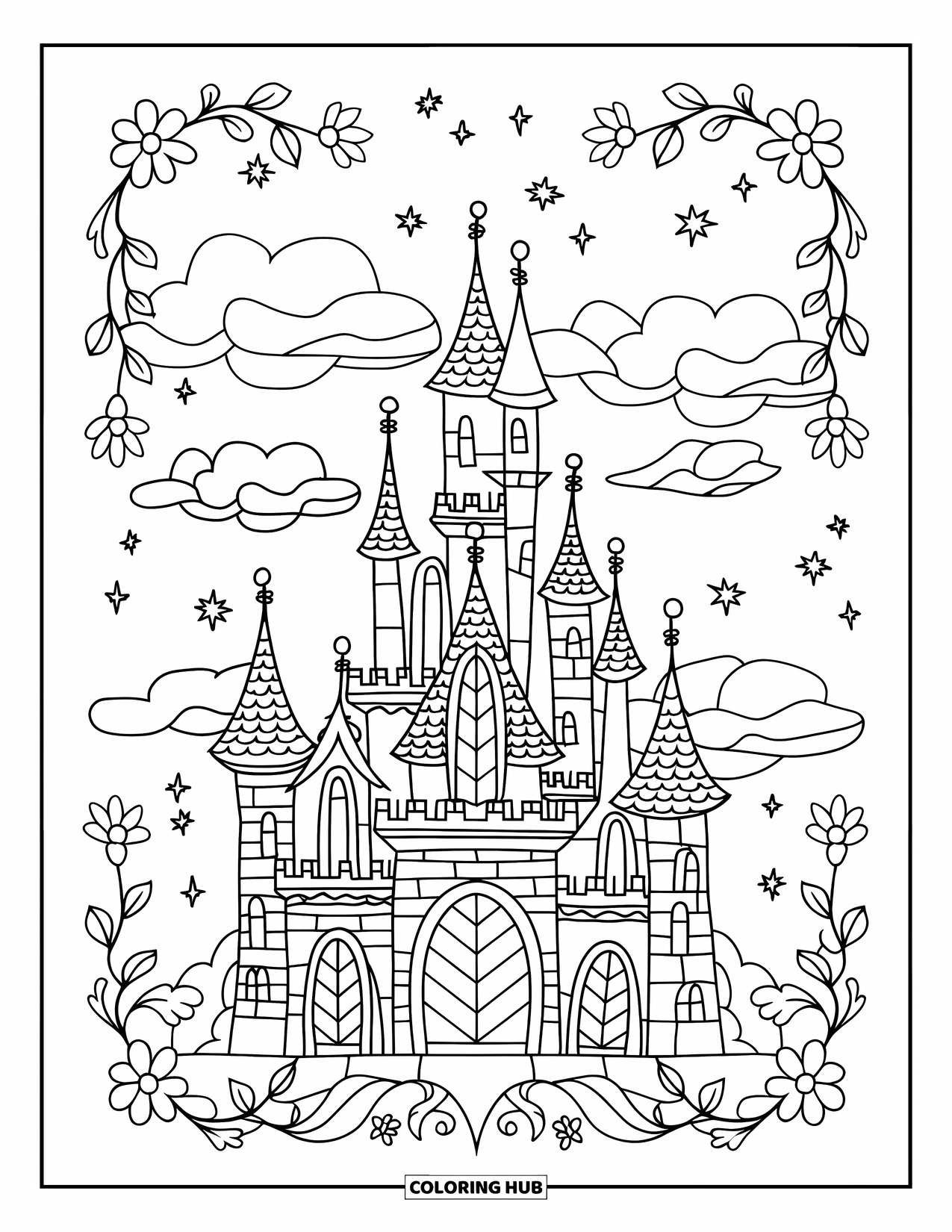 Buntglas Ausmalbild für Erwachsene: Dämmerungsschloss mit Wolken und Türmen in einem Buntglasdesign