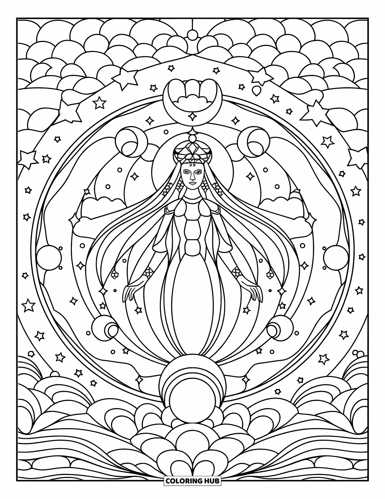 Buntglas Ausmalbild für Erwachsene: Elegante Mondgöttin, die im Buntglasstil auf einer Mondsichel steht