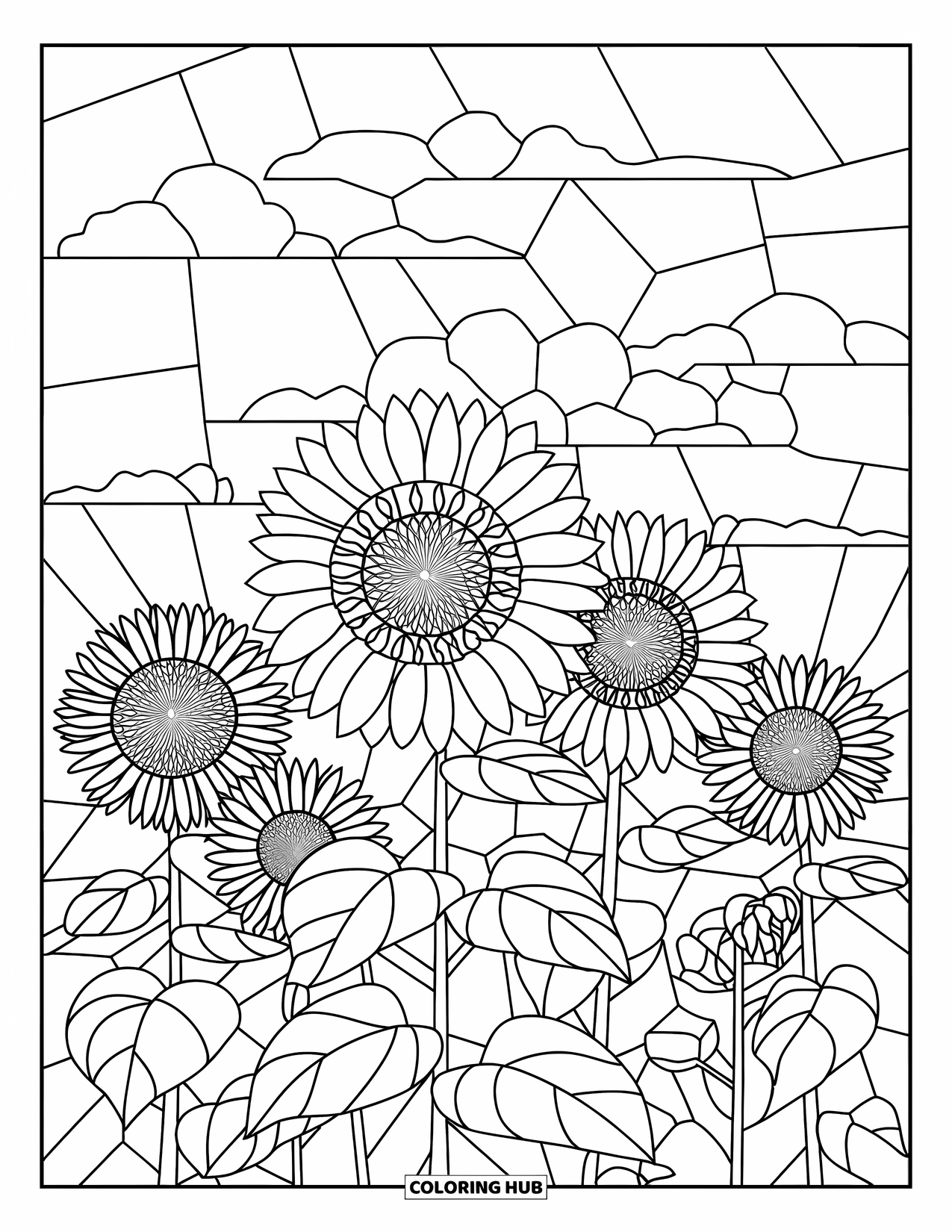 Buntglas Ausmalbild für Erwachsene: Feld von Sonnenblumen im Buntglasstil mit klarem Himmel darüber