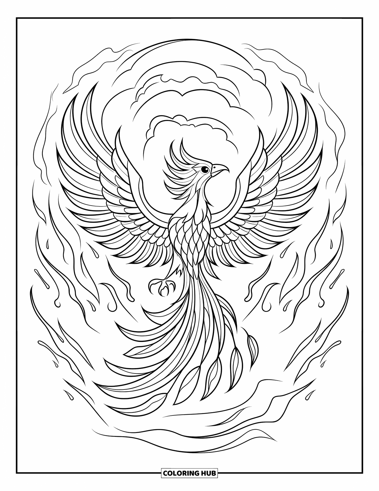 Buntglas Ausmalbild für Erwachsene: Feuriger Buntglas-Phönix, der durch Flammenwirbel fliegt