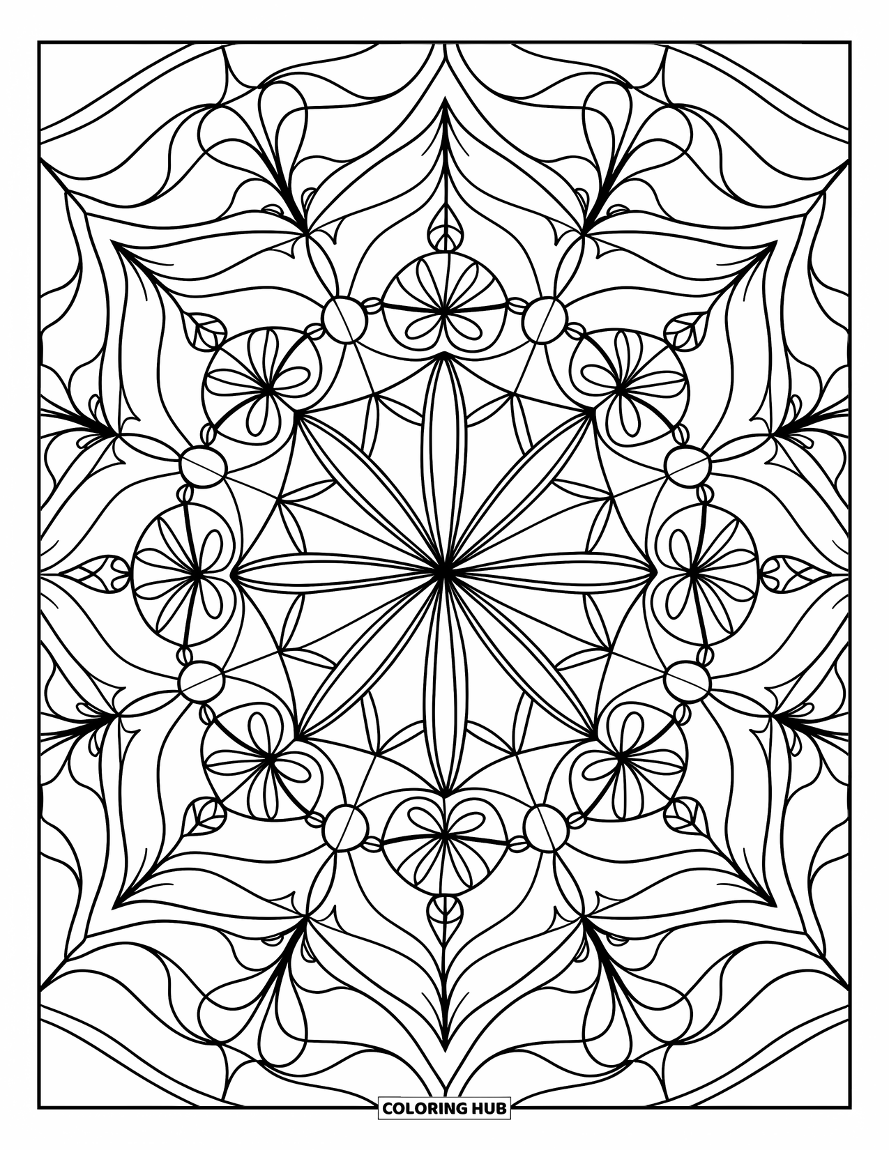 Buntglas Ausmalbild für Erwachsene: Blumen- und sterngefülltes Buntglas-Mandala in einem Kaleidoskopmuster