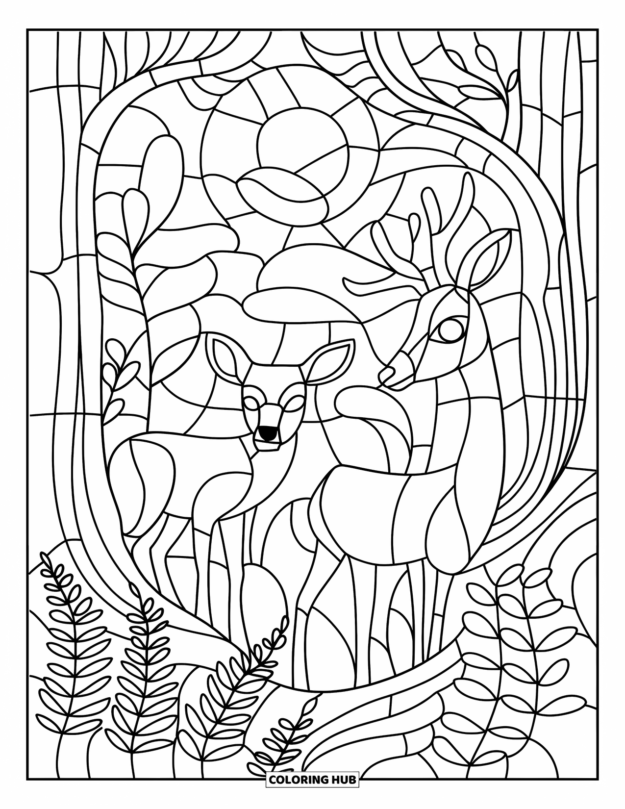 Buntglas Ausmalbild für Erwachsene: Sanftes Reh in einem verträumten, mondbeschienenen Wald aus Buntglasformen