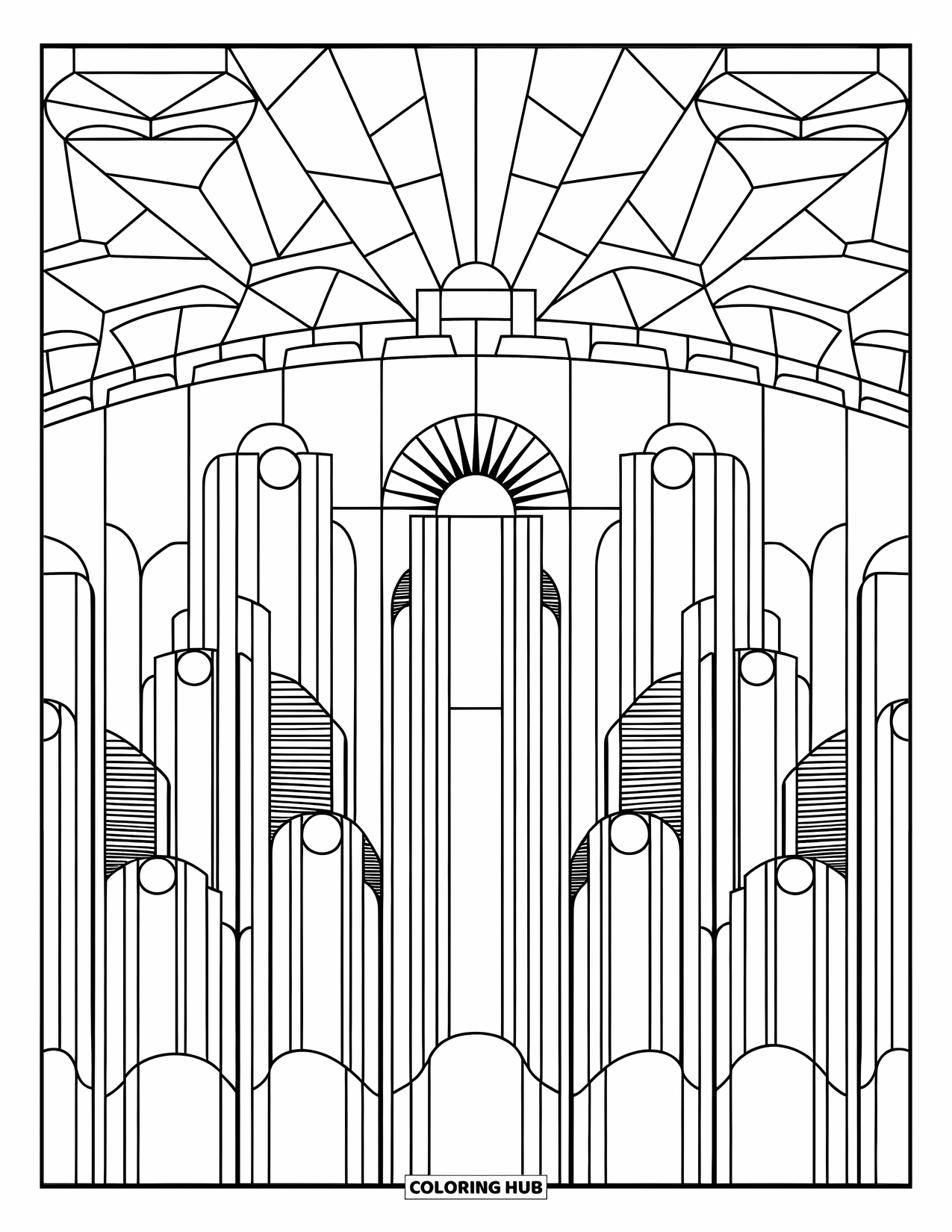Buntglas Ausmalbild für Erwachsene: Geometrische Skyline mit Sonnenstrahlenhimmel im Buntglasformat
