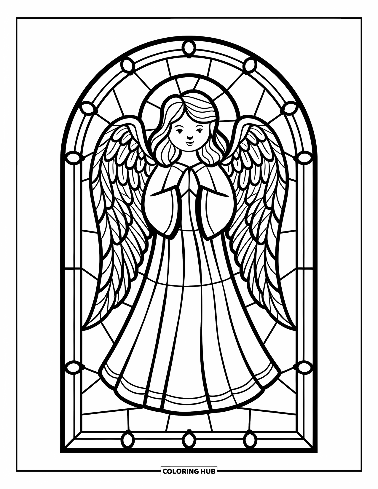 Buntglas Ausmalbild für Erwachsene: Anmutiger Buntglas-Engel in fließenden Gewändern und gebogenem Rahmen