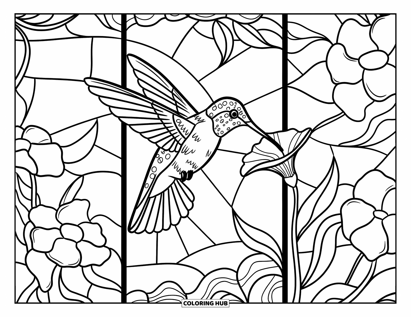 Buntglas Ausmalbild für Erwachsene: Kolibri, der von einer Blume in Buntglasfeldern trinkt