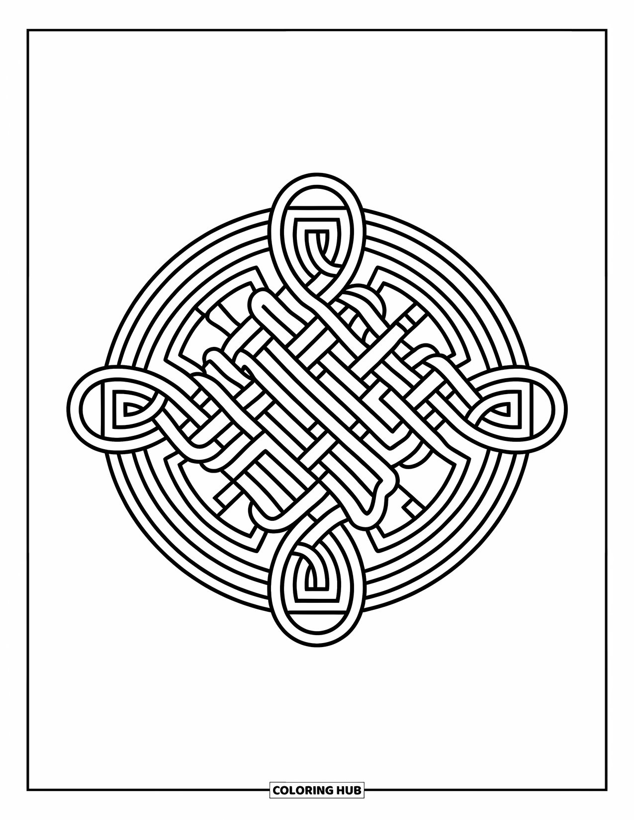 Buntglas Ausmalbild für Erwachsene: Aufwendiger keltischer Buntglasknoten mit kräftiger, entspannender Symmetrie