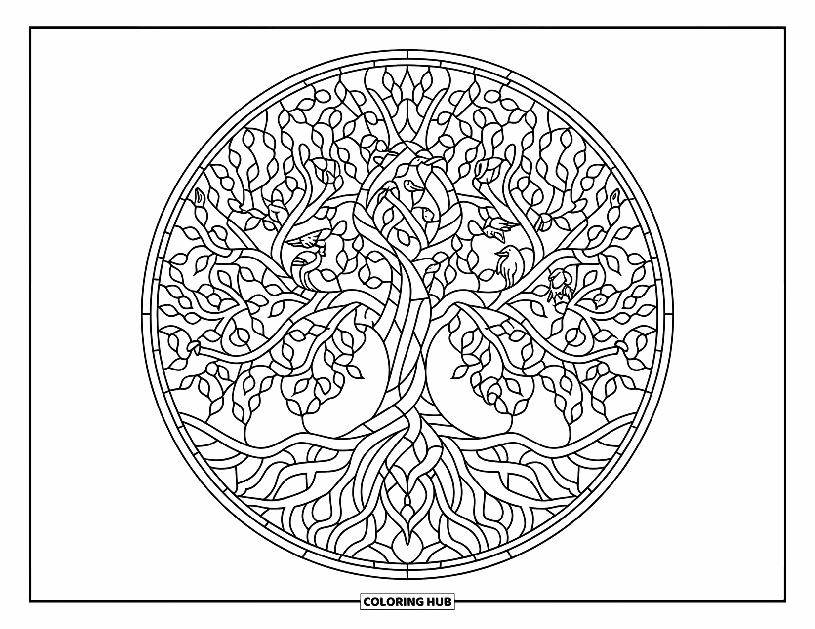 Buntglas Ausmalbild für Erwachsene: Aufwendiger Buntglas-Baum des Lebens mit Tieren und blattartigen Mustern