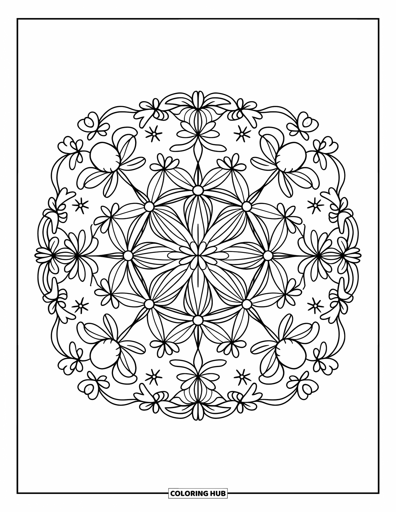 Buntglas Ausmalbild für Erwachsene: Buntglasmuster im Kaleidoskop-Stil mit Blumen und geometrischen Sternen