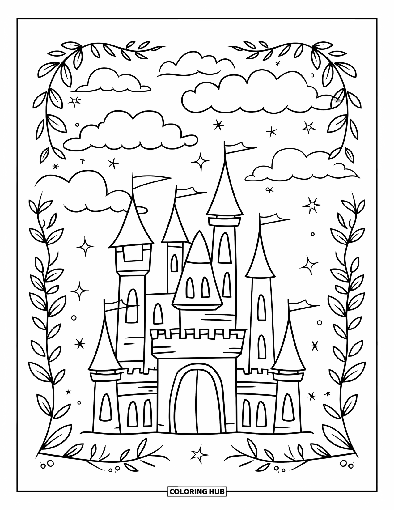 Buntglas Ausmalbild für Erwachsene: Magisches Buntglasschloss unter einem sanften Sternenhimmel