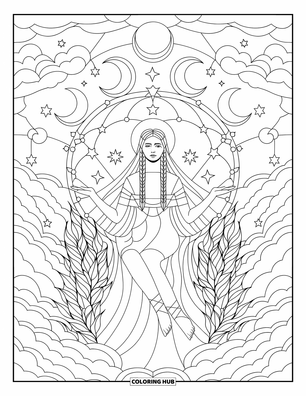 Buntglas Ausmalbild für Erwachsene: Mondgöttin auf einem Astthron im Buntglas-Nachthimmel