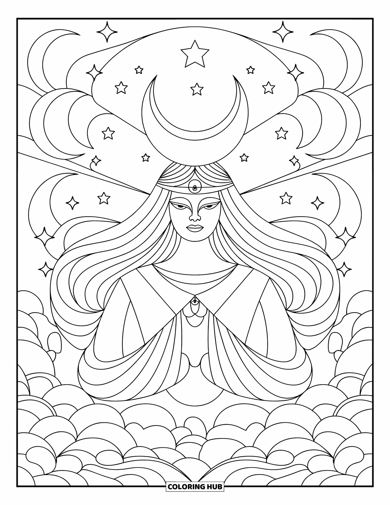 Buntglas Ausmalbild für Erwachsene: Mystische Mondgöttin im Buntglasstil, die inmitten von Sternen und Wirbeln sitzt