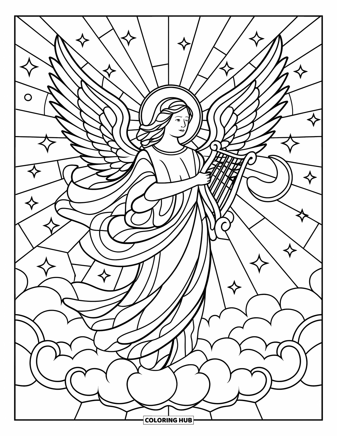 Buntglas Ausmalbild für Erwachsene: Friedlicher Engel mit Heiligenschein und Harfe im Buntglasstil
