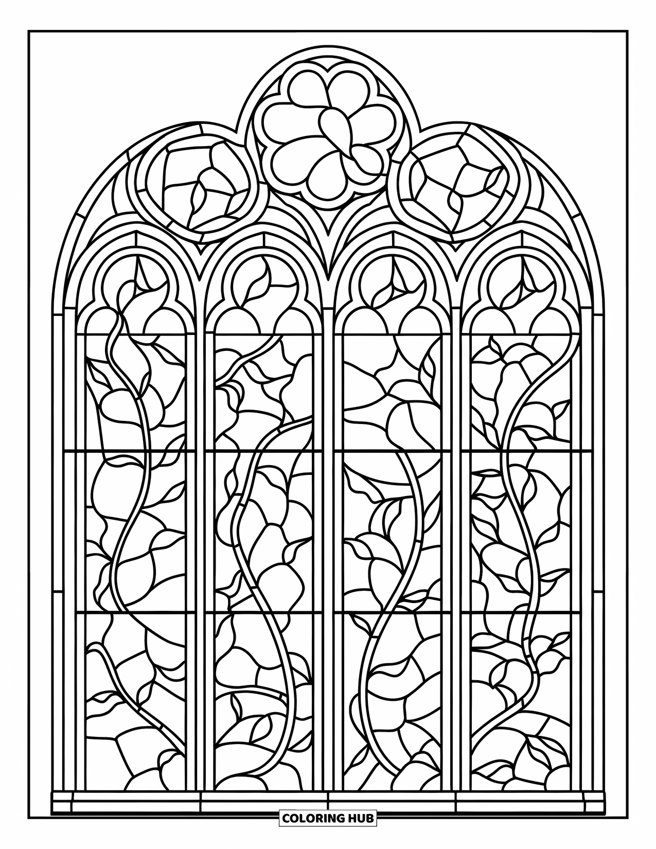Buntglas Ausmalbild für Erwachsene: Friedliches Fenster mit Tauben und Ranken in einem Buntglas-Layout