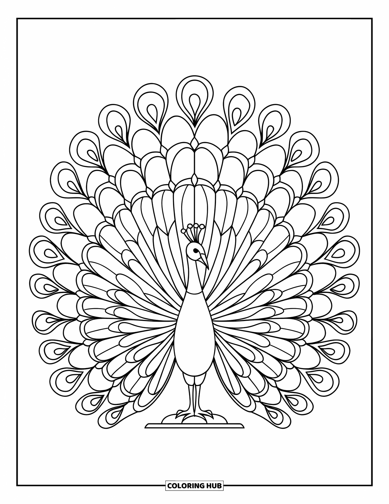 Buntglas Ausmalbild für Erwachsene: Pfau mit einem juwelenartigen Schwanz in voller Buntglasdarstellung