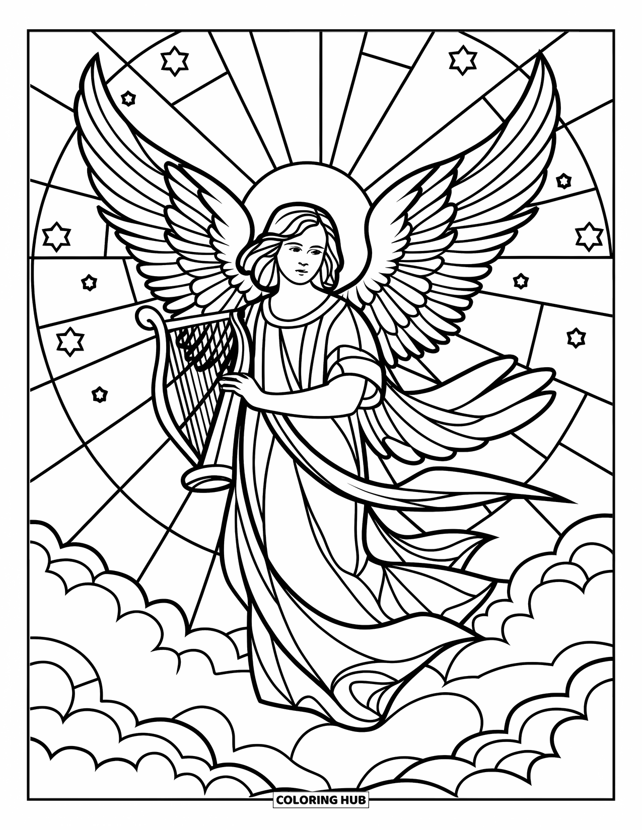 Buntglas Ausmalbild für Erwachsene: Strahlender Engel im Buntglasstil mit Wolken, Sternen und einem leuchtenden Heiligenschein